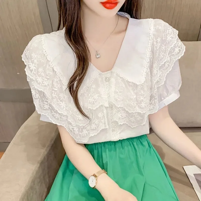 

Lace Patchwork Ruffles Collar Blouse Women Puff Sleeve Summer Tops Cute Fashion Woman Pink White Short Sleeve Office Blouses