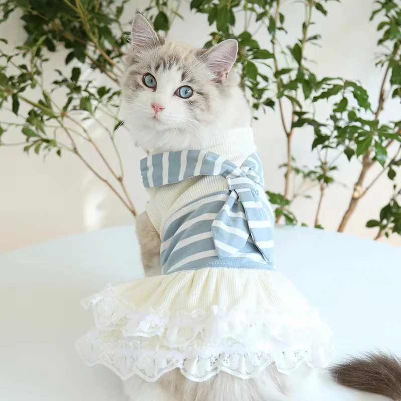 Pet Clothes Small Cat Dog Dress Striped Neck Scarf Couple Outfit Cute Fashion T-shirt Comfortable Soft Suit Chihuahua Bulldog