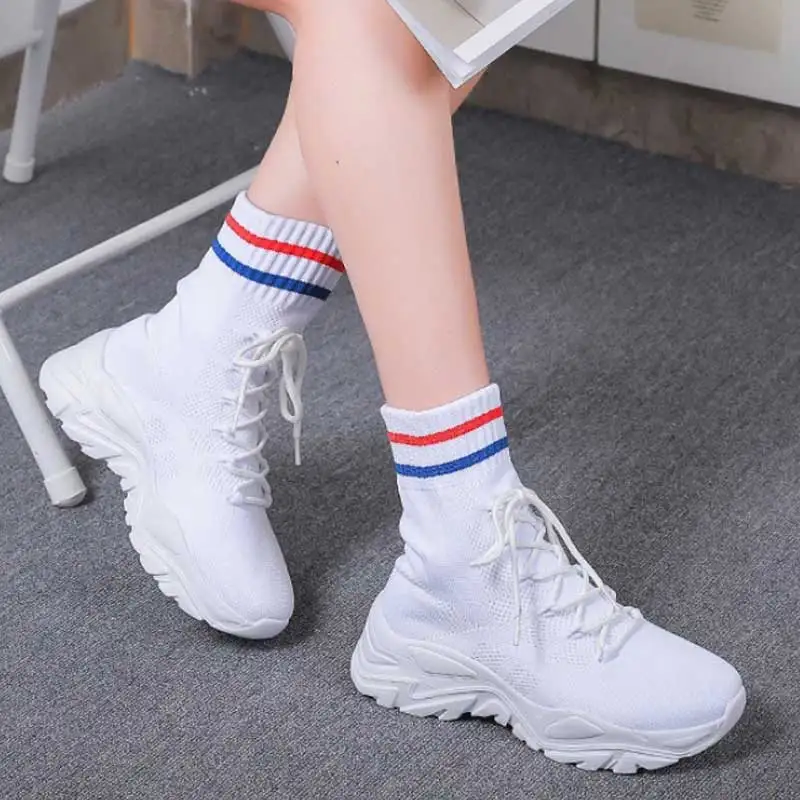 Autumn Women Sock Boots Slip on Elastic Ankle Boots Anti-Skid Stripe Platform Casual Sport Shoes Cushioning Knitted work Boots
