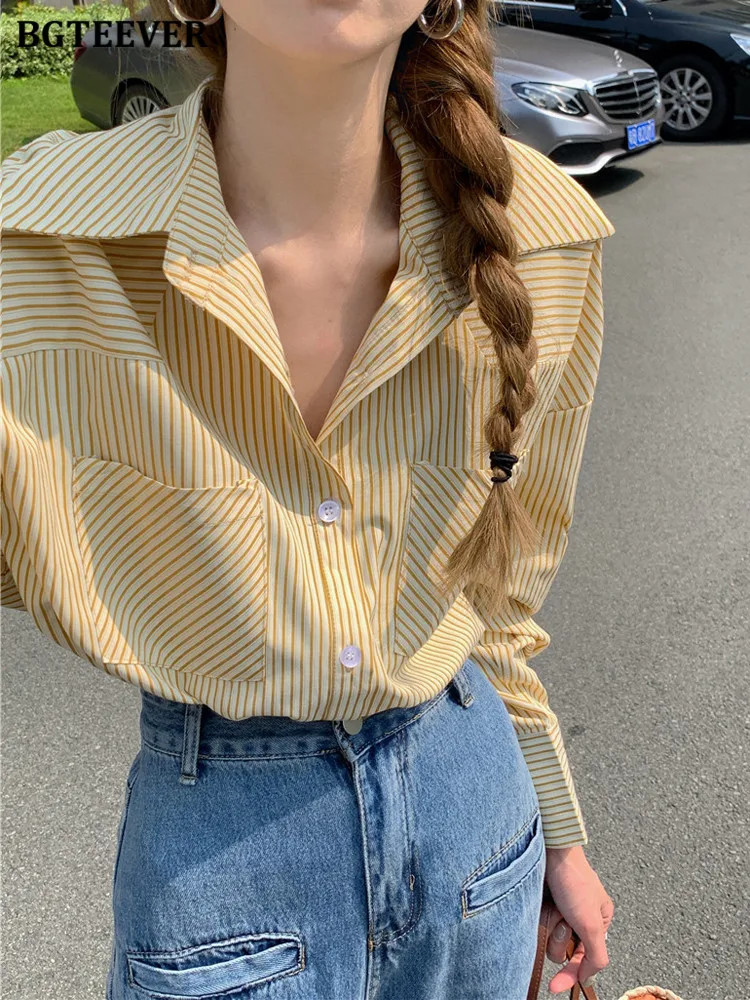 

BGTEEVER Chic Loose Single-breasted Female Striped Blouses Casual Lapel Long Sleeve Pockets Women Shirts Tops 2022