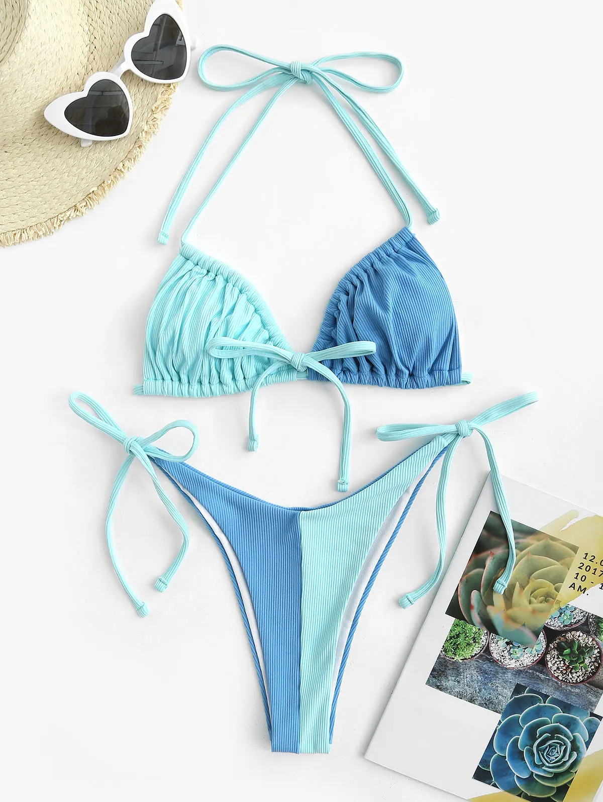 

Zaful Ribbed Two Tone Tie Side High Leg Bikini High Waist Swimsuit Push Up Bikini 2022 Woman Sexy Swimwear