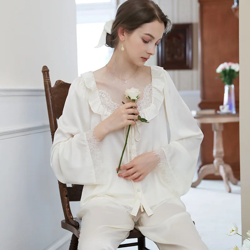 

Пижамный комплект Женский атласный, Кардиган с длинным рукавом и штаны, свободная кружевная домашняя одежда в дворцовом стиле, 2 предмета, в...