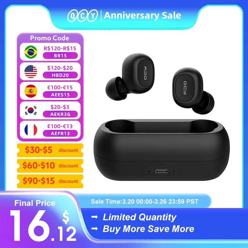 

QCY T1C TWS Bluetooth V5.0 Headset Sports Wireless Earphones 3D Stereo Earbuds Mini in Ear Dual Microphone With Charging box