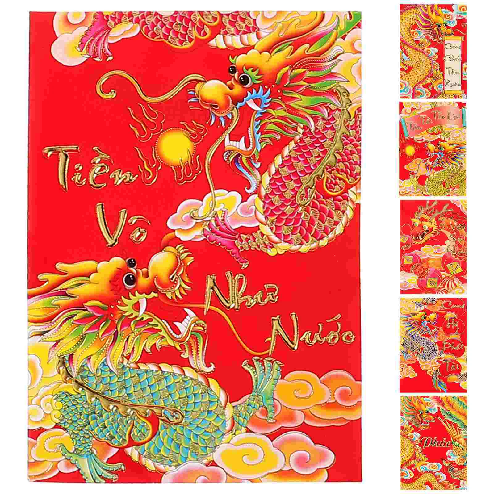 

6 Pcs Traditional Red Pocket Lai Si Feng Paper Envelopes Dragon Packets 2024 Luck Money Bag Decorative