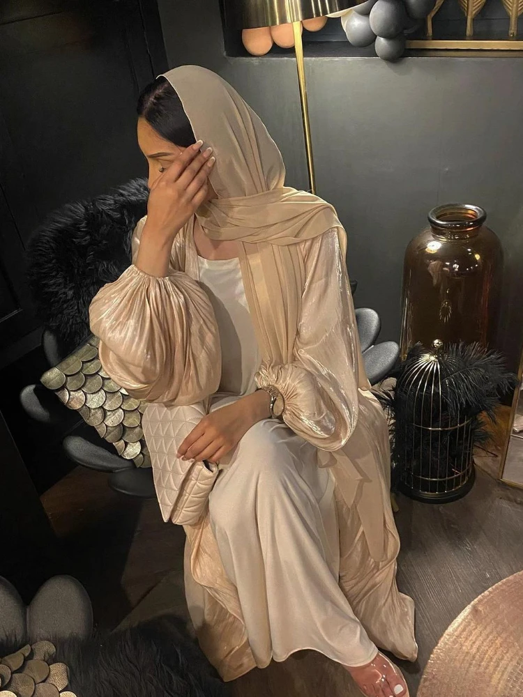 Silky Open Abaya Kimono Summer Shiny Puff Sleeve Abayas for Women Dubai Turkey Muslim Fashion Hijab Dress Islam Clothes Kaftan