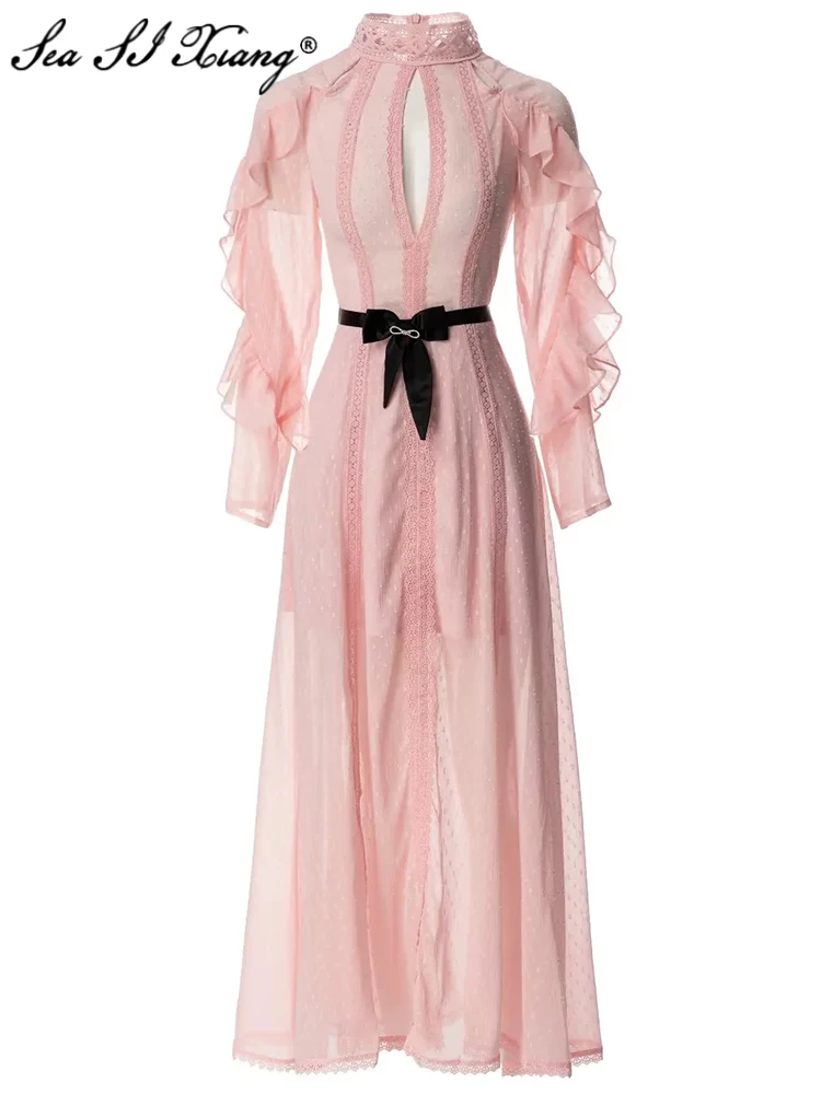 

Женское платье с воротником-стойкой, рукавом-бабочкой и поясом