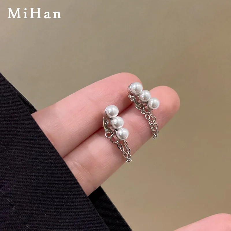 

Mihan Trendy Jewelry Simulated Pearl Earrings 925 Silver Needle Delicate Design Short Chain Stud Earrings For Women Girl Gift