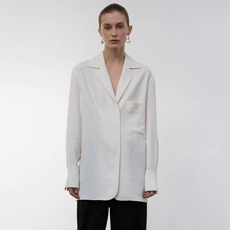 

Low Classic Ivory Blouse 2022 Spring New Design Women's Oversize Pocket Front Shirt Korean Fashion