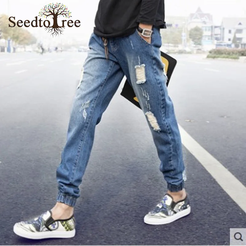 Solid Color Hole Casual Men's Jeans Ankle Length Pants Denim Trousers Pencil Pants