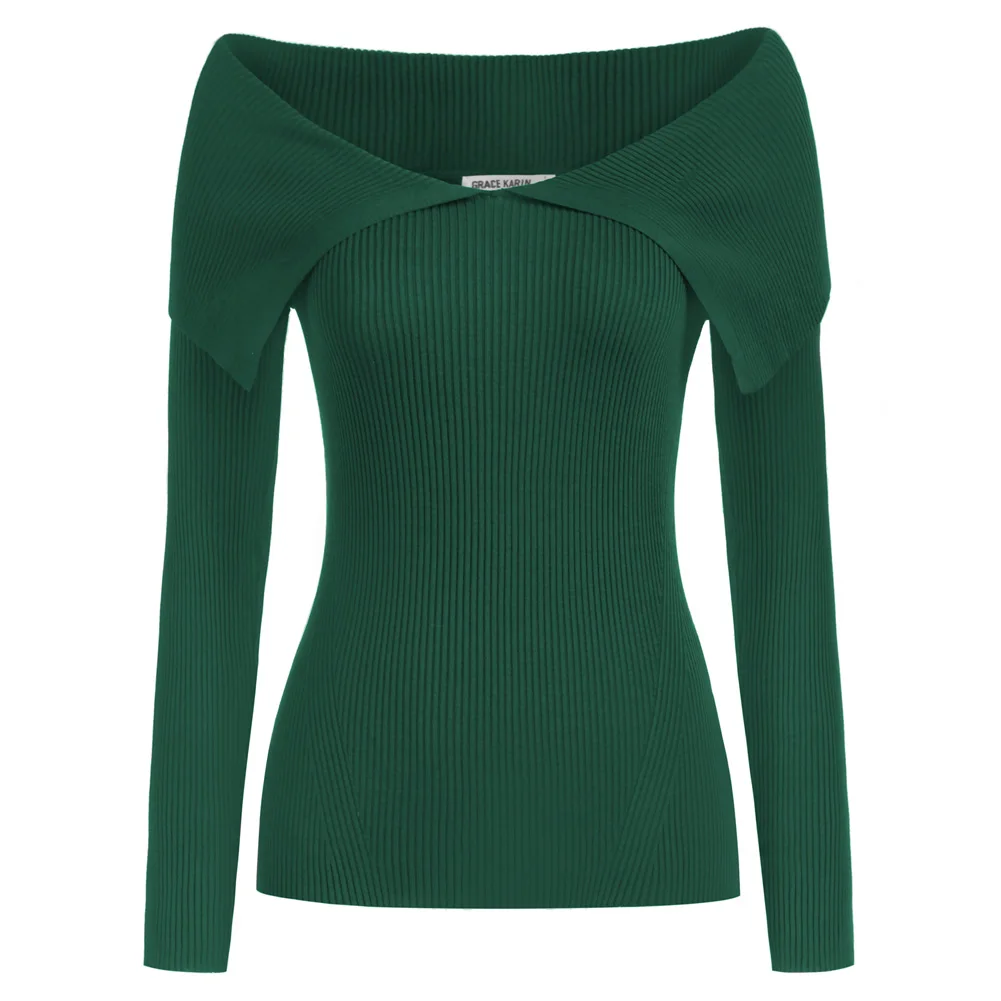 

GK Women Off Shoulder Sweater Long Sleeve Fold-Up Neck Knitted Tops Slim Fit Knitwear Pullover Jumpers Solid Top