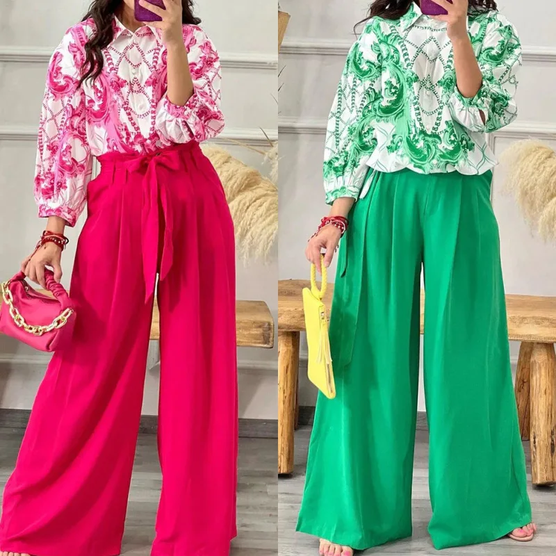 

2023 New Women's Printed Shirt Collar Top Lace up Wide Leg Pants Two Piece Set