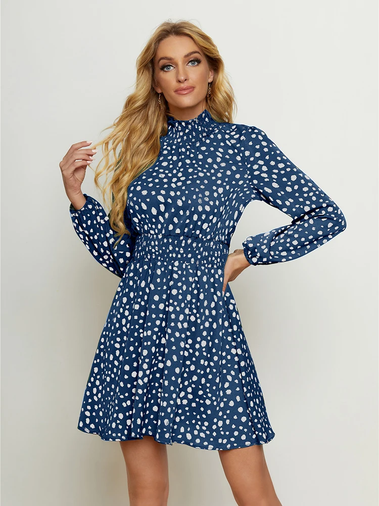 

Женское мини-платье в горошек, с длинным рукавом и круглым вырезом