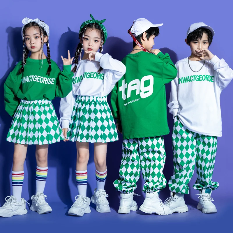 

Kids Teen Show Outfits Hip Hop Clothing Green Sweatshirt Tops Checkered Jogger Pants For Girl Boy Jazz Dance Costume Clothes