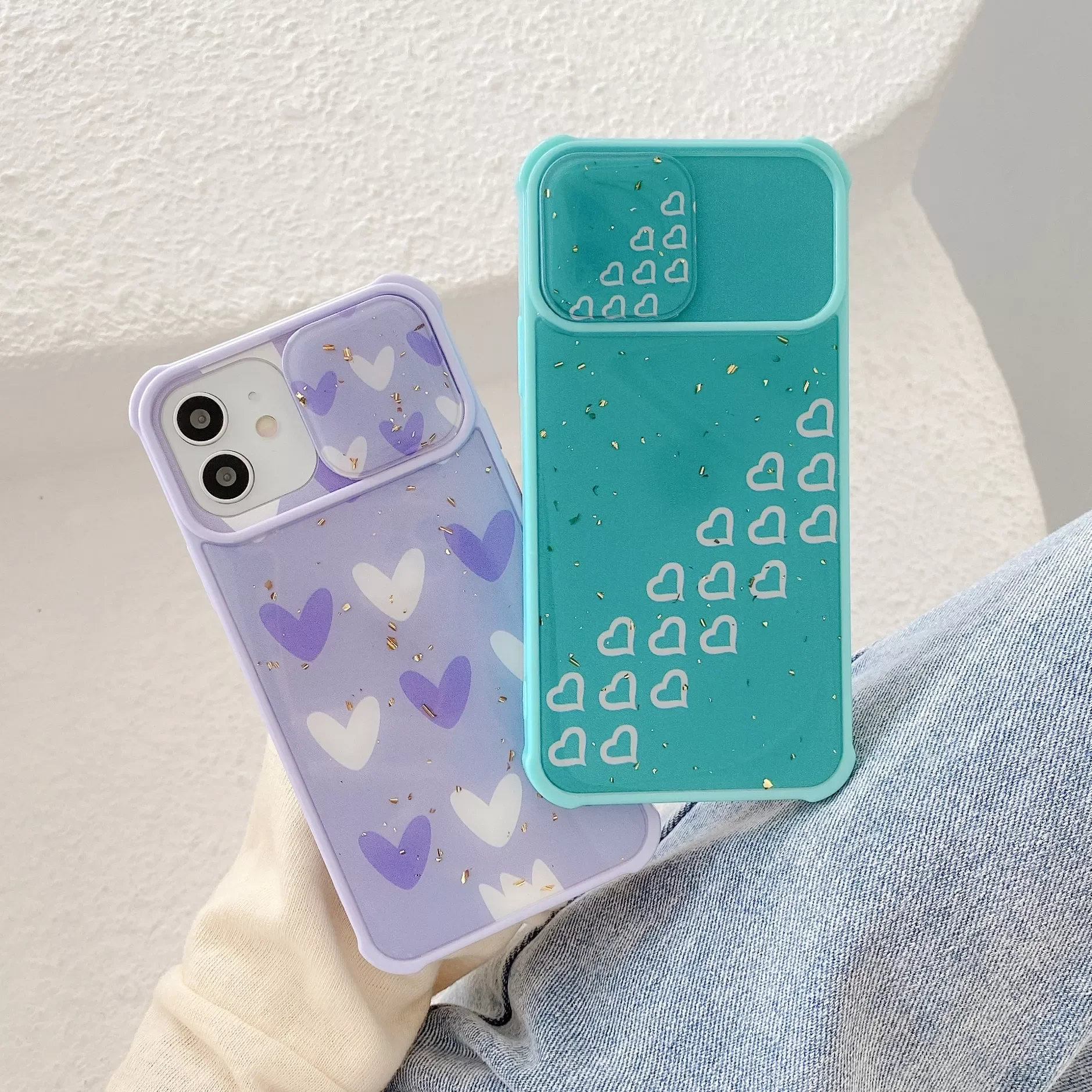 

Glitter Sequins Heart Soft Phone Case for iPhone 12 Mini 11 Pro XS Max XR 8 Slide Camera Protection Shockproof Back Cover