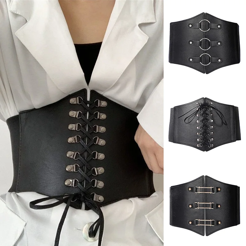 

Wide Corset Belt PU Leather Slimming Body Belt Elastic Tight High Waist Girdle Women Dresses Waist Buckle Bandage Waistband