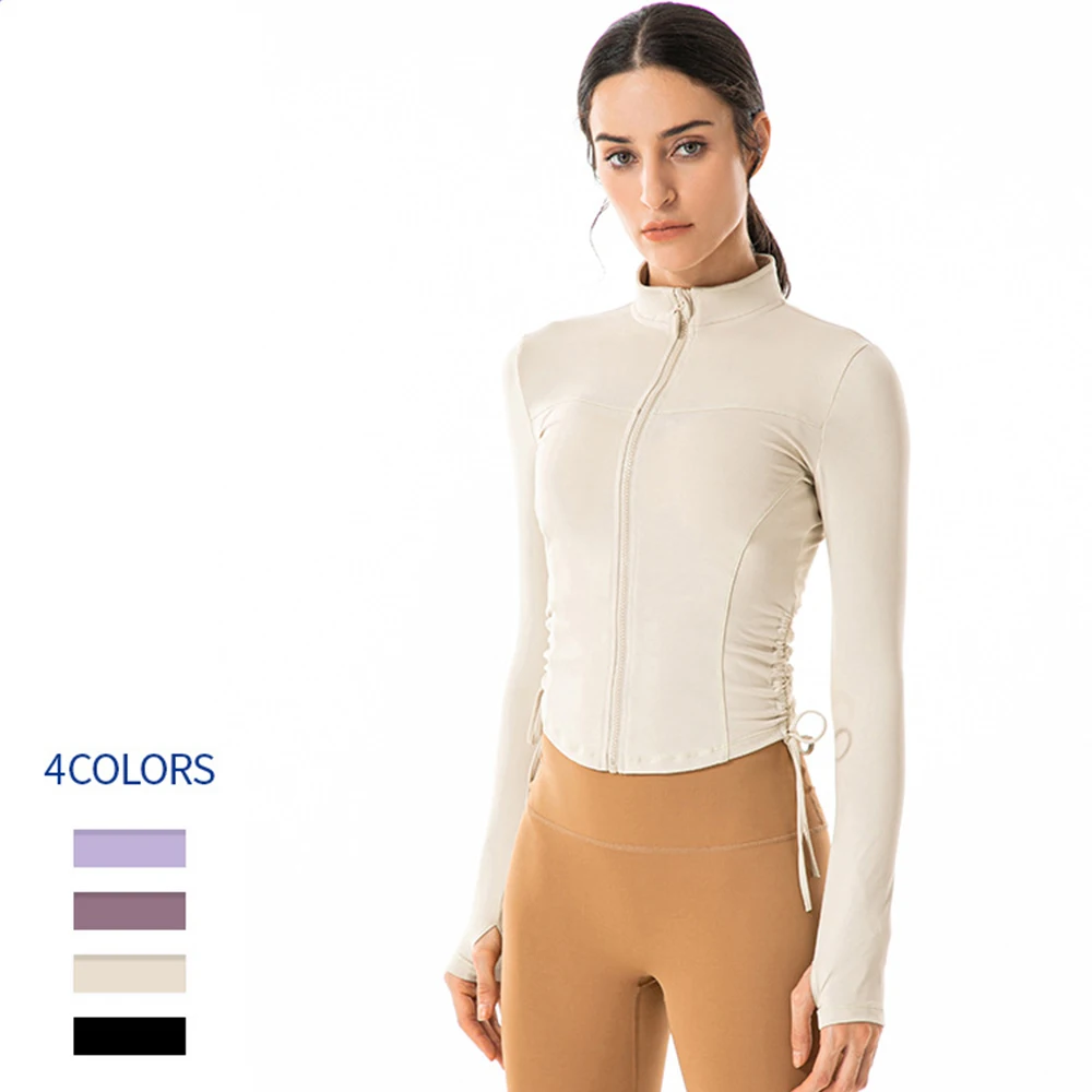 

High Quality Side Bungee Cord Slim FitLong Sleeve Sports Jacket Women Zip Fitness Yoga Shirt Winter Warm Gym Top Running Coats