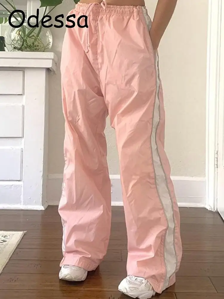 Odessa-pantalones Cargo informales con cordón para mujer, pantalón holgado de pierna ancha, de cintura alta, estilo Harem Hippie, color rosa, 2022
