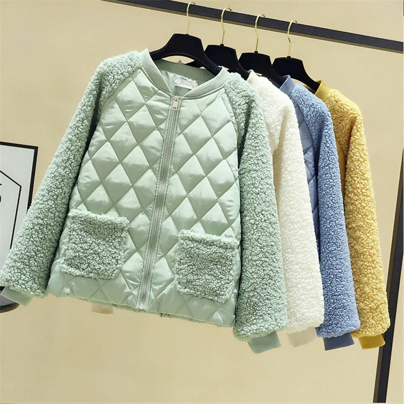 Short Cotton Jacket Women 2021 Autumn Winter Lambswool Splice Parka Plus Size Loose Warm Outerwear Female Cotton Jackets Parkas