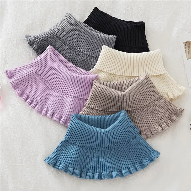 

Winter Knitted Fake Collar Scarf with Wooden Ears Women Turtleneck Knitted False Fake Collar Detachable Scarf Winter Windproof