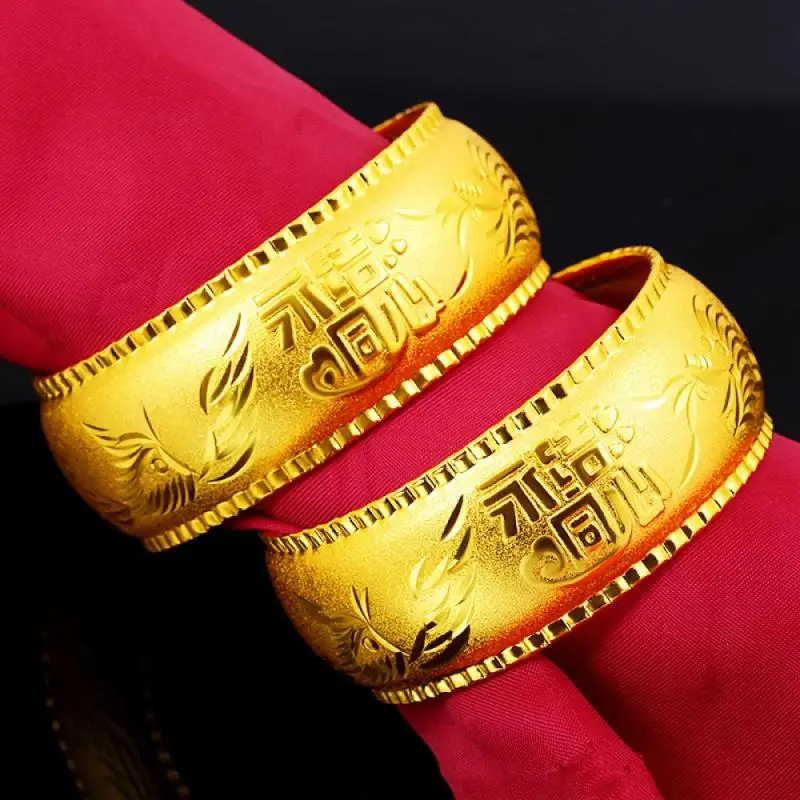 

HOYON Pure 24k gold color Bangle for women Jewelry Wedding Dragon and Phoenix Bracelet for bride engagement 25x60 mm