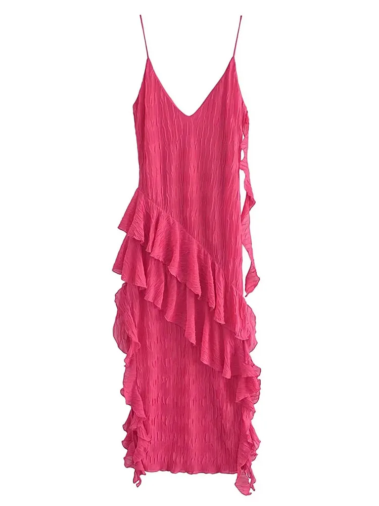 

TRAF 2023 summer new women's fashion ruffled pleated midi dress sexy open back spaghetti strap dress vest