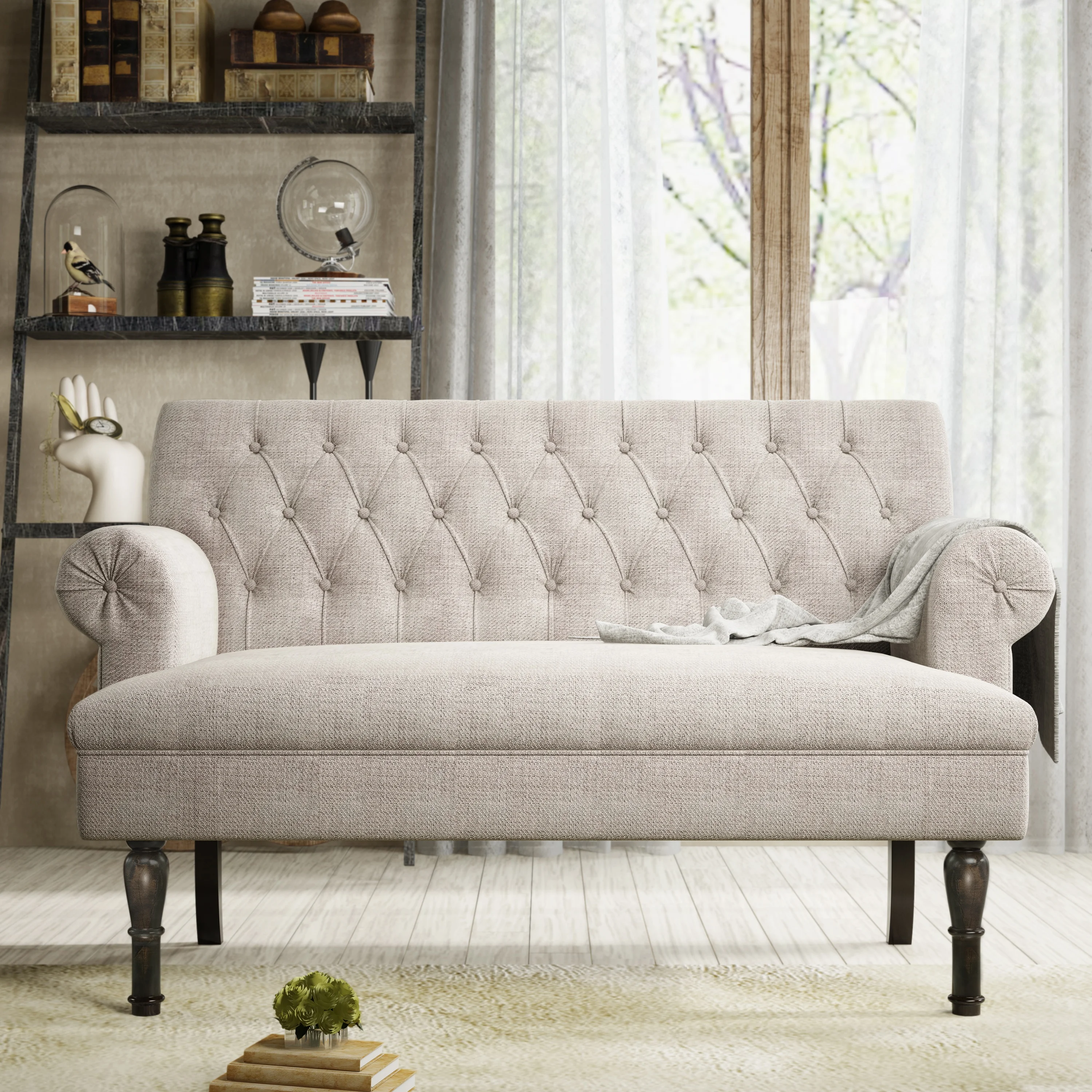 

58 "текстурированная ткань Chesterfield Settee с пуговицами, ворсистый кронштейн Loveseat, высокая тыква, деревянные ножки, студийная скамейка светло-беж...