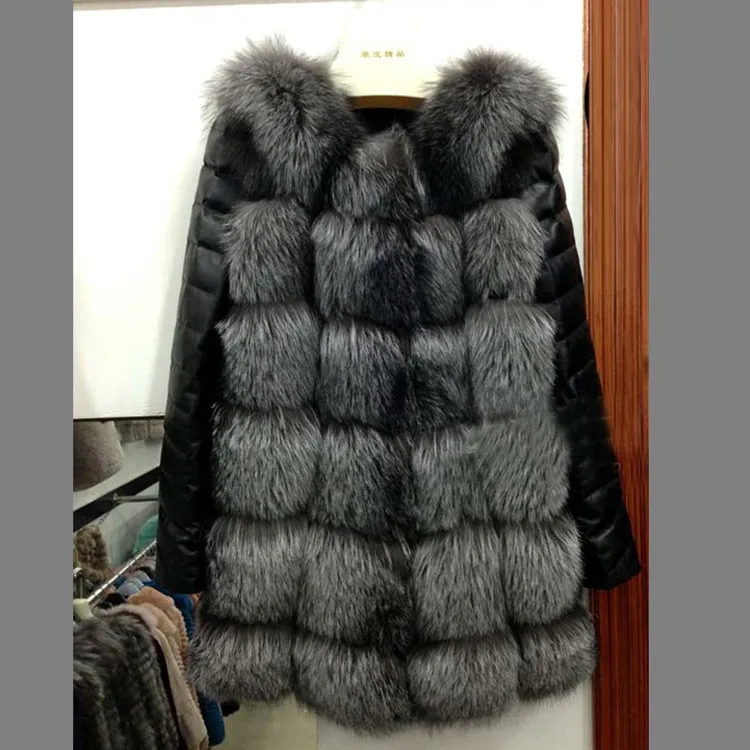 Coat PU sleeve medium length fur for women