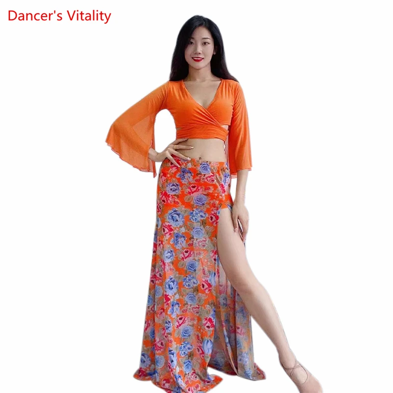 

Belly Dance Costume Set for Women Cusomzied Chiffon Flare Sleeves Top+printing Long Skirt 2pcs Bellydance Suit Oriental Outfit