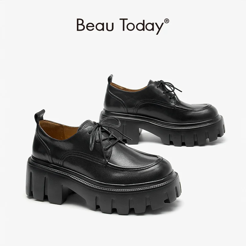 Beau Today/женские туфли-Дерби из коровьей кожи на шнуровке с круглым носком на толстой платформе; Сезон весна-осень; Ручная работа; A21894