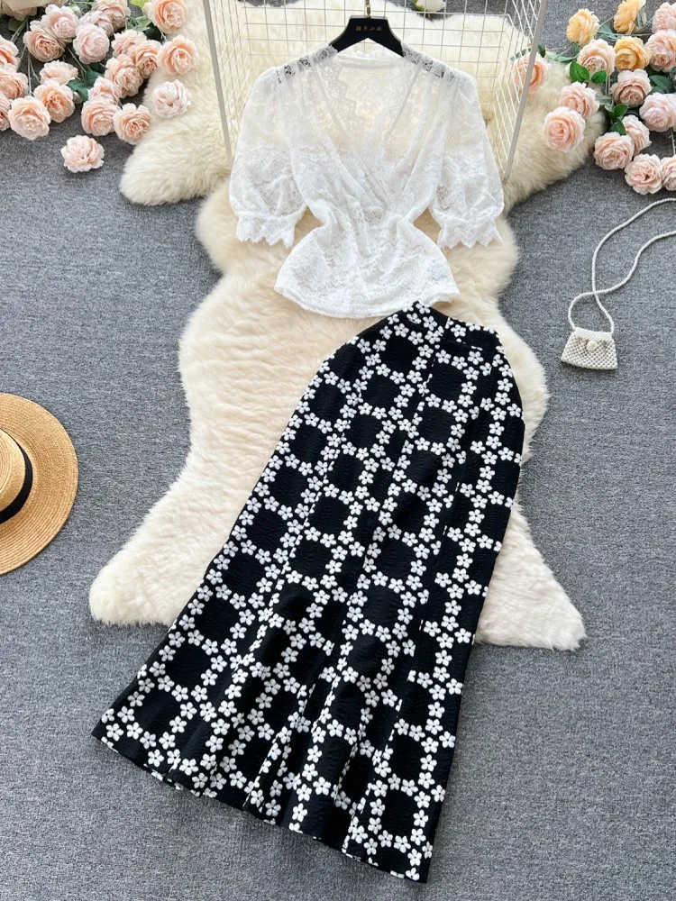 

Summer New 2 Piece Set Temperament V-neck Puff Sleeve Lace Top + Fashion Midi Mermaid Skirt Casual Women's Suit