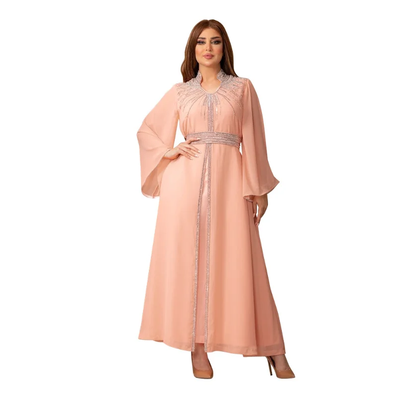 2023 Spring Summer Muslim Women Long Sleeve V-neck Polyester Yellow Pink Orange Blue Purple Long Abaya Muslim Fashion Dresses