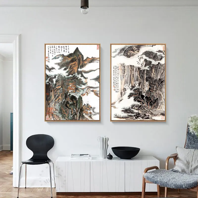 

Декоративный постер в древнем китайском стиле, настенная Картина на холсте с изображением пейзажа, гор, офиса, для гостиной, домашний декор