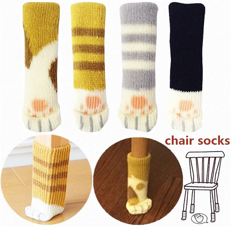 

4PCS Cute Cat Paw Knitted Elastic Furniture Socks Chair Leg Socks Floor Protectors Reliable Furniture and Floor Protector