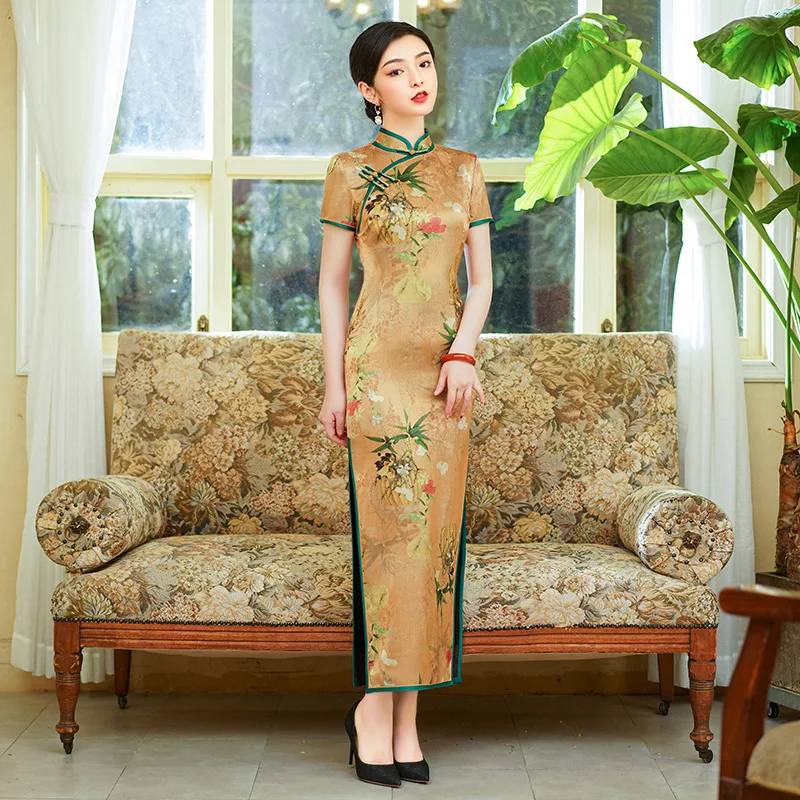 

2023 New Chinese Literature Art Stand-up Collar Fashion Cheongsam Dress Chinese Traditional Qipao Evening Tang Suit For Elder