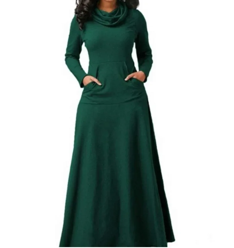 

Size 5XL Elegant Long Maxi Dress Autumn Winter Warm High Collar Women Long-sleeved Dress 2023 Woman Clothing With Pocket