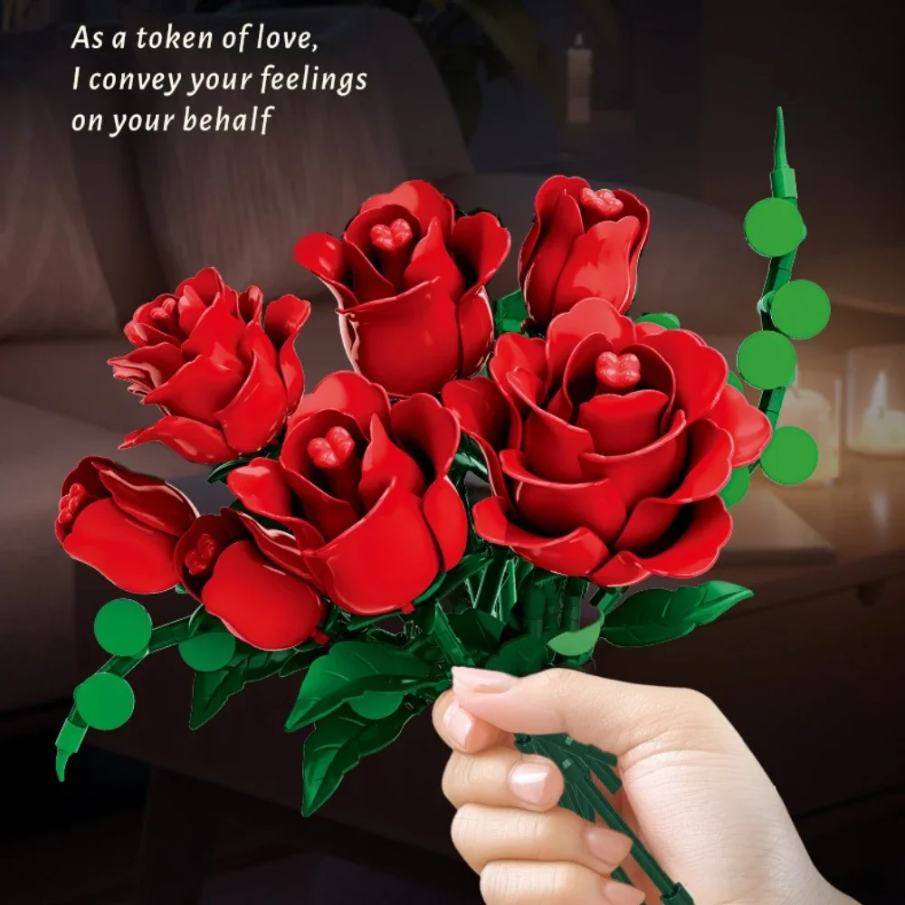 Фото MOC Love Красная Роза Фэнтезийный Цветочный Букет Строительные Блоки Свадебные Горшечные Растения Ваза Украшения Игрушки Дети Подарок На День Святого Валентина №2