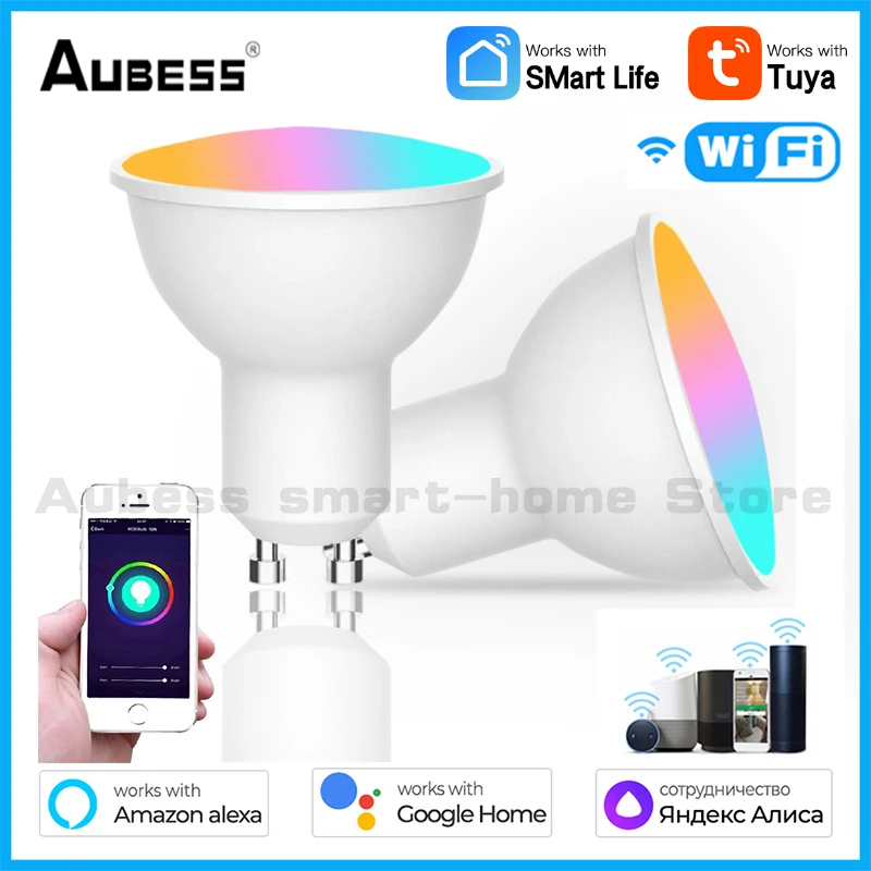 

Aubess Gu10/Gu5.3 Wifi Smart Spotlight 6w RGB+WW+CW TUYA Light Bulb APP Remote Control Voice Control Alexa Alice Google Home