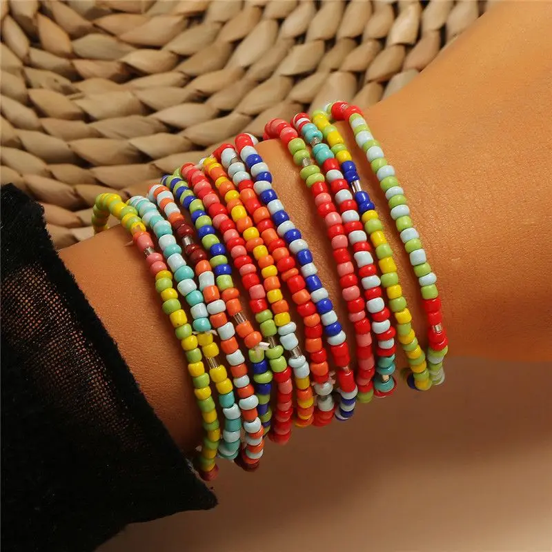 

Shinus12pcs/lot Bracelet Set Boho Summer Beach Jewelry Multicolor Tiny Seed Beads Pulseras Simple Dainty Bracelets for Women
