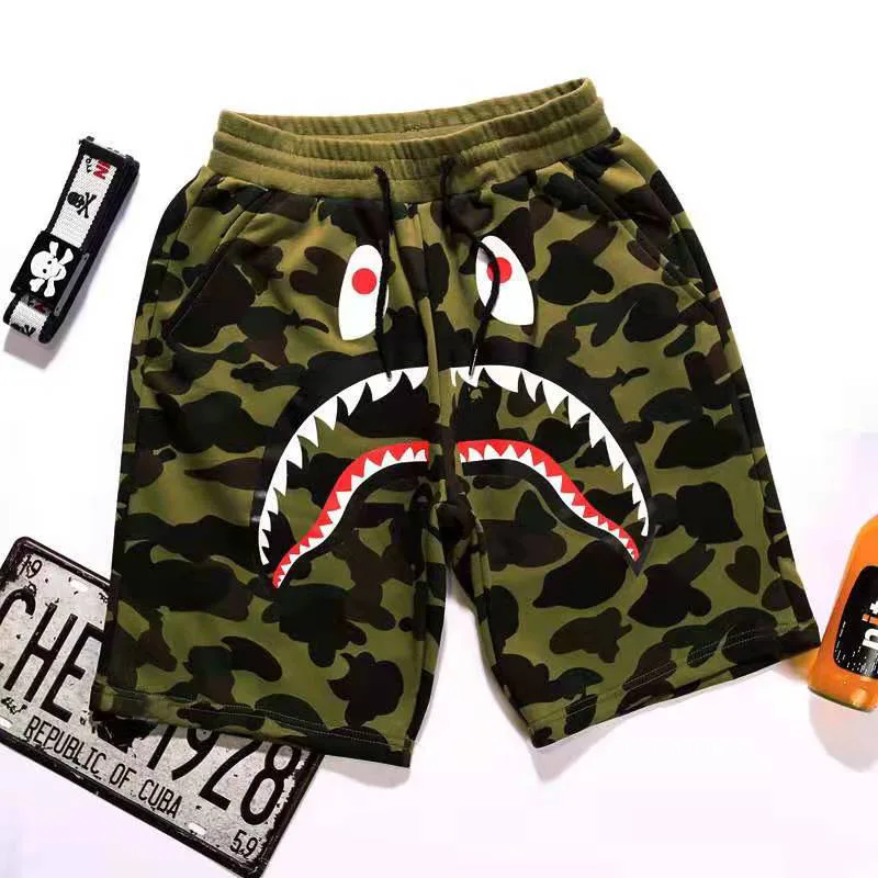 Summer 2023 New Shorts Casual Middle Waist Harajuku Fashion Camouflage Drawstring Shark Cartoon Camouflage Printing Clothing
