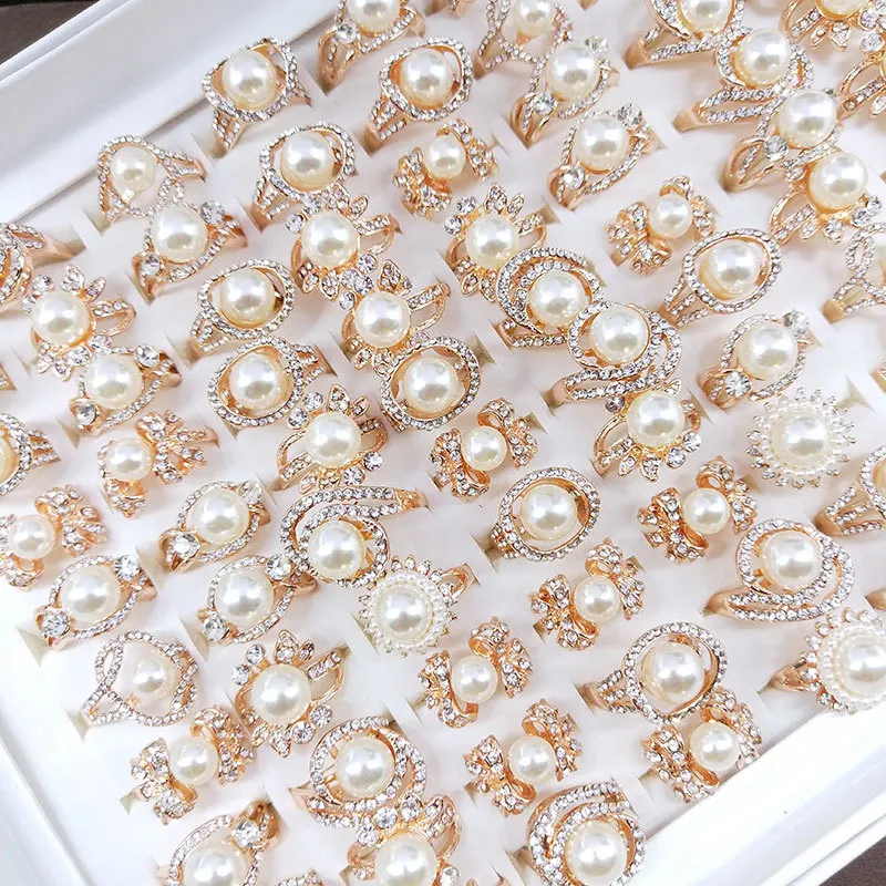 

30pcs Women Pearl Ring Factory Wholesale Low Price Free Shipping High Quality Stainless Steel Alloy Jewelry Birthday PartyGift