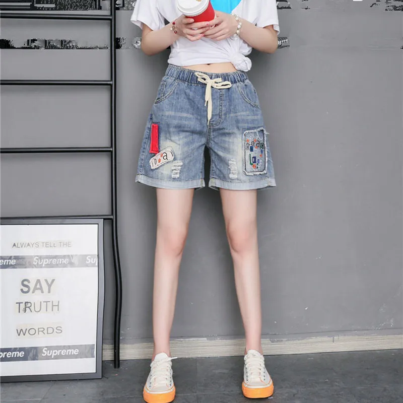 Women 2021 Fashion Summer Retro Blue Shorts Jean Female High Waist Plus Size Embroidery Denim Shorts Patchwork Casual Streetwear