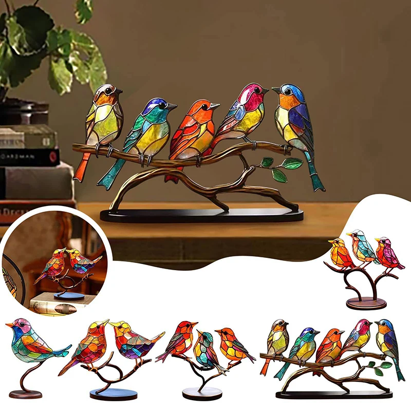 

Stained Acrylic Birds on Branch Desktop Ornaments Multicolor Hummingbird Craft Statue Desktop Ornaments for Home Decorations