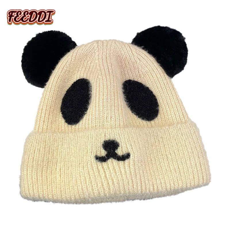 

Feeddi Parent-Child Cartoon Panda Knitted Woolen Cap Women's Fashion Winter Fleece-Lined Warm Hat Earflaps Head-Wrapping Hat