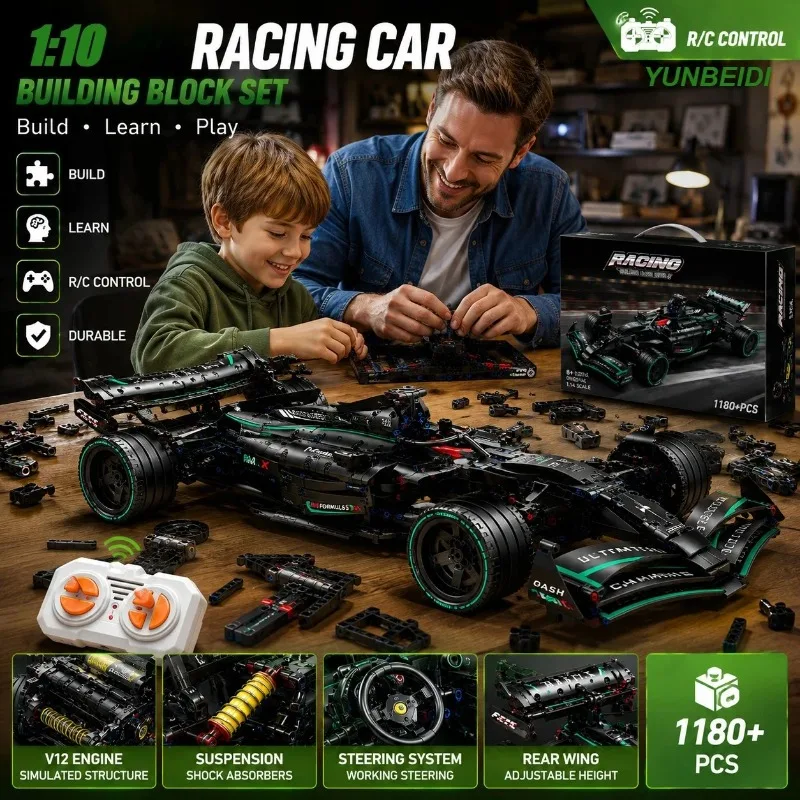 Фото Модель гоночного автомобиля из строительных блоков 1:10, 1180+ деталей, DIY набор для сборки статической и динамической радиоуправляемой машины, игрушка для детей и взрослых, коллекционный подарок на праздники №3