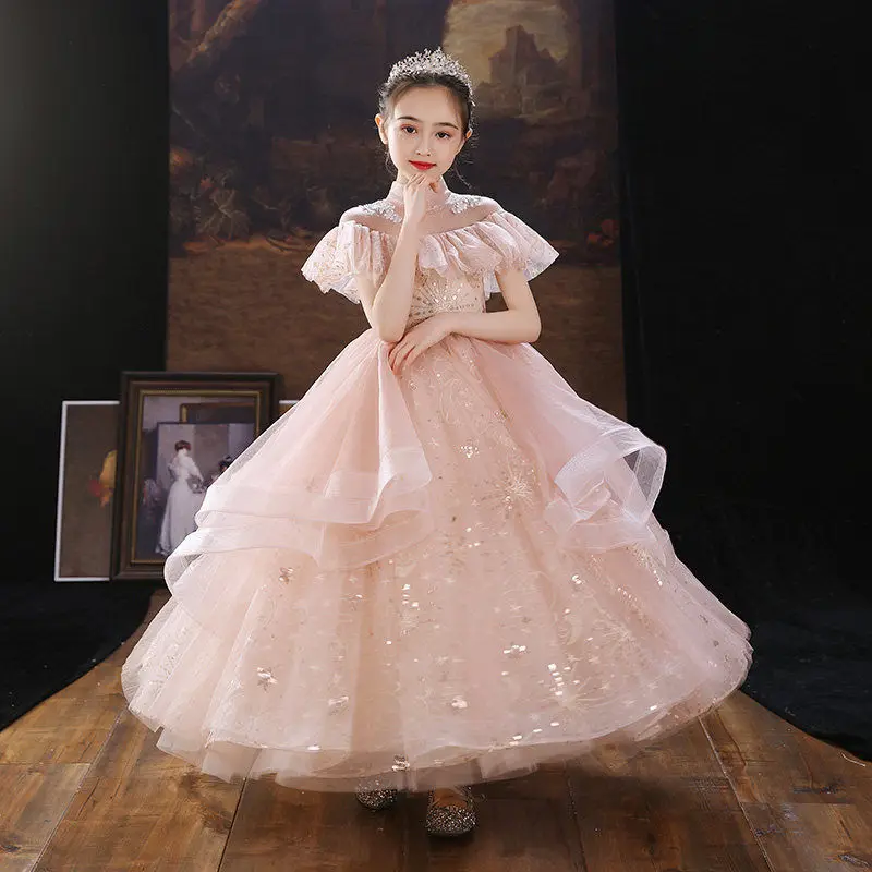 Girl'S Skirt Birthday Princess Dress Super Fairy Pengpeng Flower Women Temperament Children'S Host Piano Performance Clothes