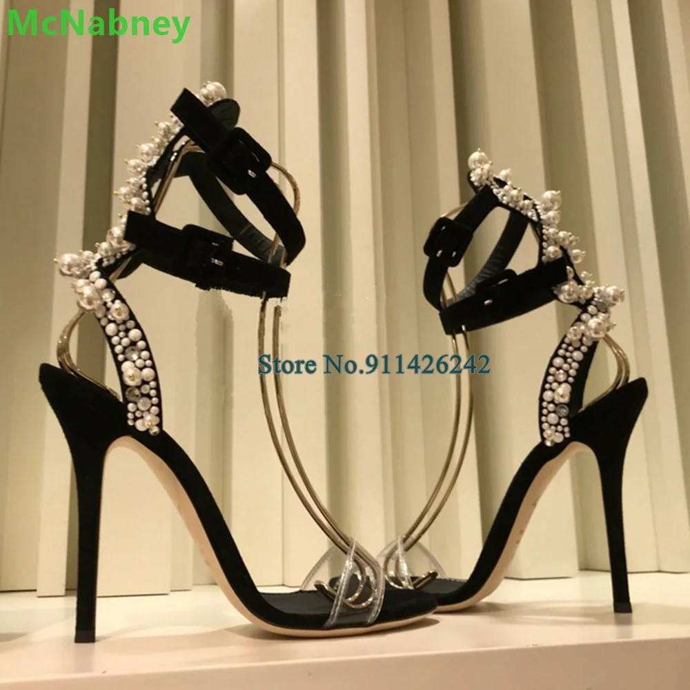 

Black Pearl Slingback PVC Sandals For Female Women Round Toe Thin High Heel Ankle Strap With Buckle Sexy Shallow Fashion Shoes