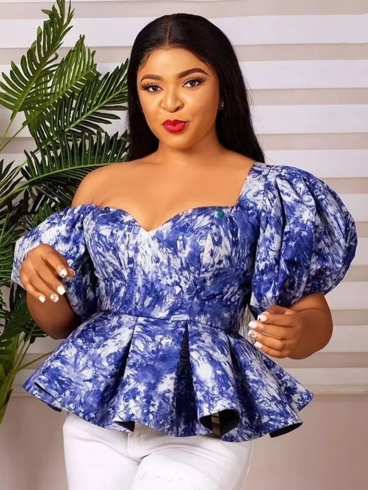 

Summer 2022 Blouse Blue Tie Dye Tops Cold Shoulder Short Puff Sleeve Women High Waist Peplum Evening Cocktail Celebrated Shirts