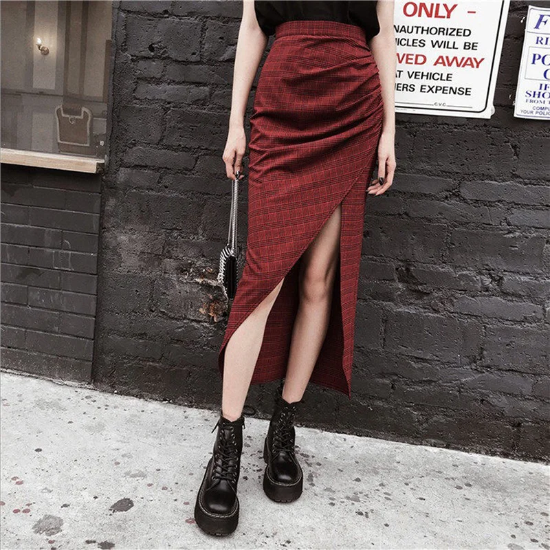 

Женская плиссированная юбка с высоким разрезом, красная клетчатая длинная юбка с высокой талией, в готическом стиле, модная уличная одежда в стиле панк на лето, 2023