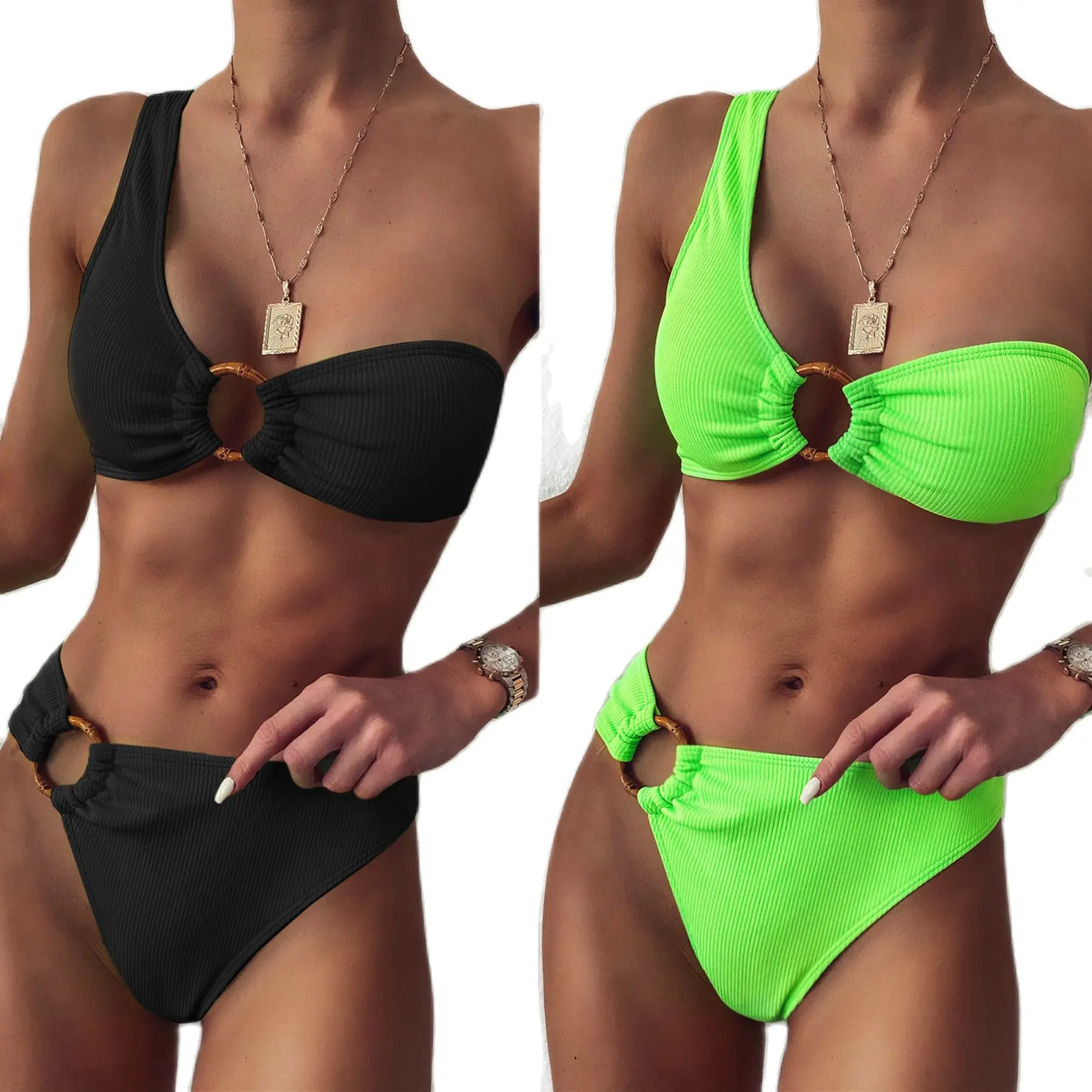 

Sexy Feminine Bikinis Solid Color Set Woman 2 Pieces Fluorescent Green Swimwear Metal Steel Ring Push Up Clothes Dropship S M L