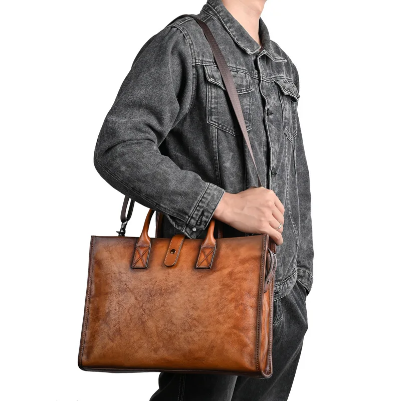 Men Vintage Genuine Leather Briefcase Handmade Cowhide Laptop Handbag Casual Male Shoulder Messenger Bag Fashion Tote Bag
